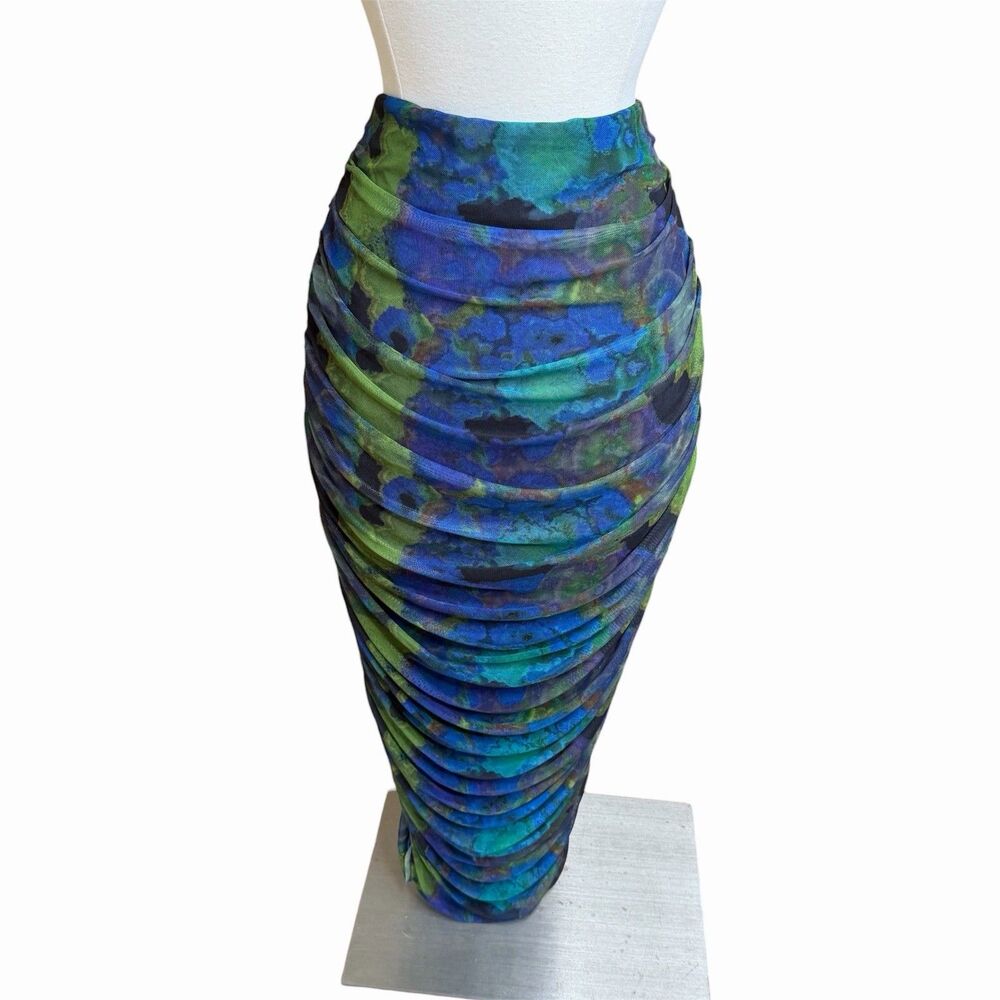 Topshop Mesh Ruched Maxi Skirt Womens 6 Abstract Watercolor Peacock Blue Green